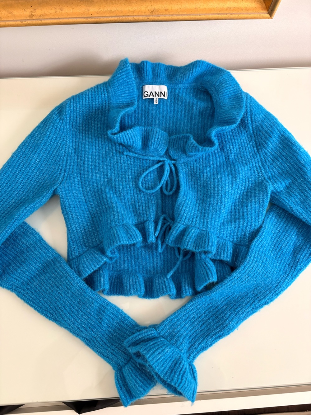 Ganni Turquoise Ruffle-Trim Knit Tie-Neck Sweater